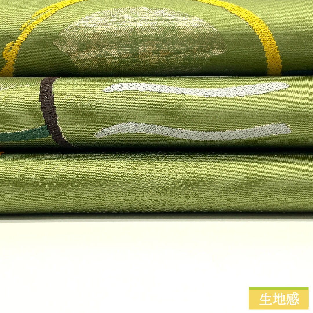 袋帯 正絹 Aランク 柳茶色（やなぎちゃいろ） 西陣織 白綾苑大庭 抽象模様 帯丈434cm 六通 カジュアル 緑系 1123016593319