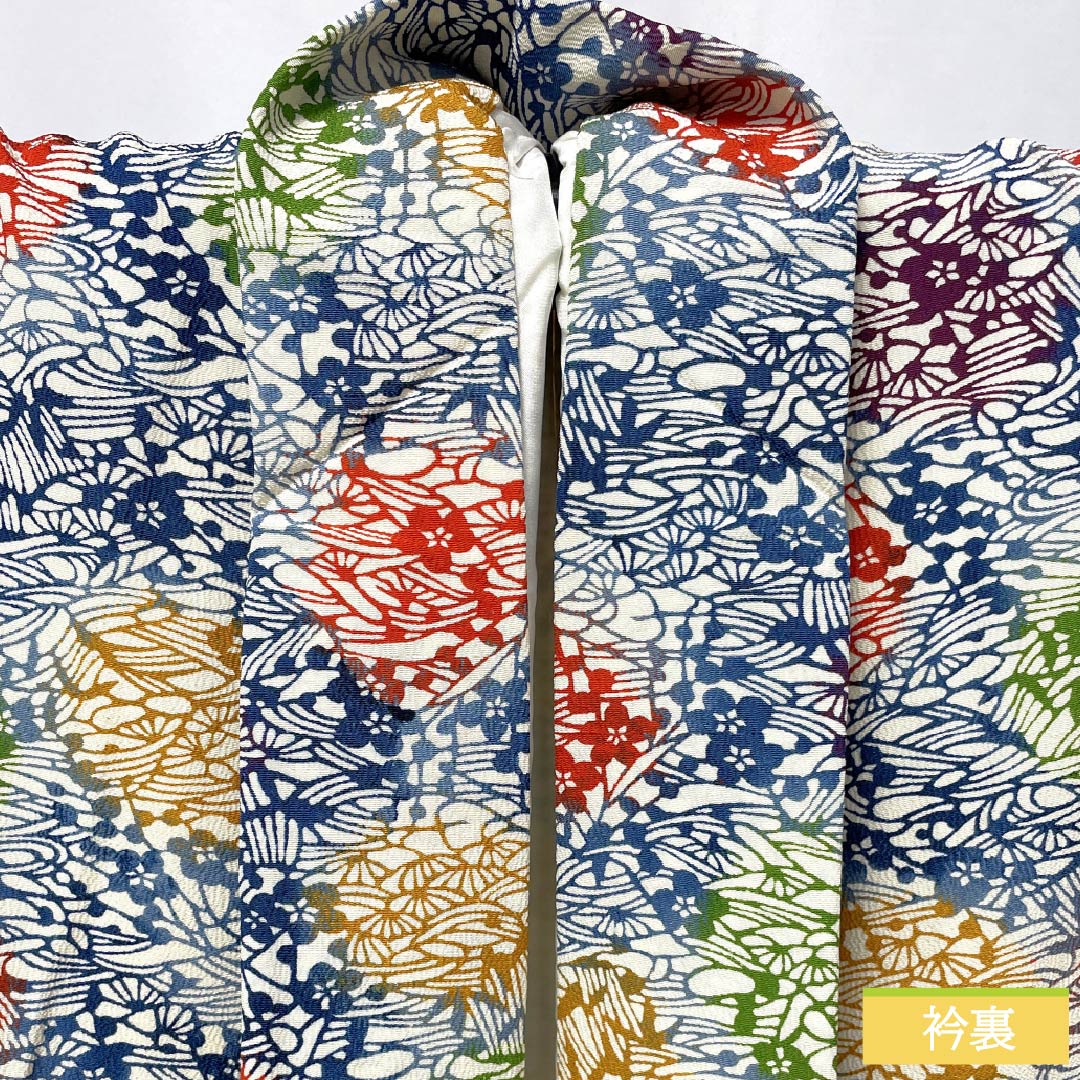 小紋 正絹 身丈147cm 裄丈64cm 袷 生成り色（きなりいろ） 型染 抽象模様 しつけ糸付き Aランク 白系 1115006123111