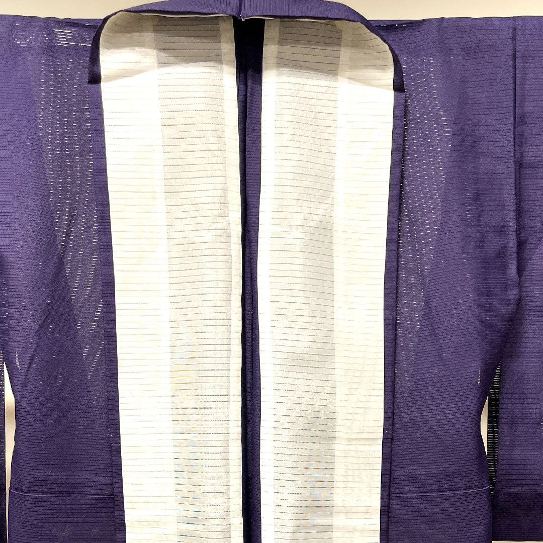 夏物 ポリエステル 色無地 身丈165cm 裄丈63cm 茄子紺色（なすこんいろ） 素無地 洗える着物 左三階松 絽 Sランク 紫系 1132001682520