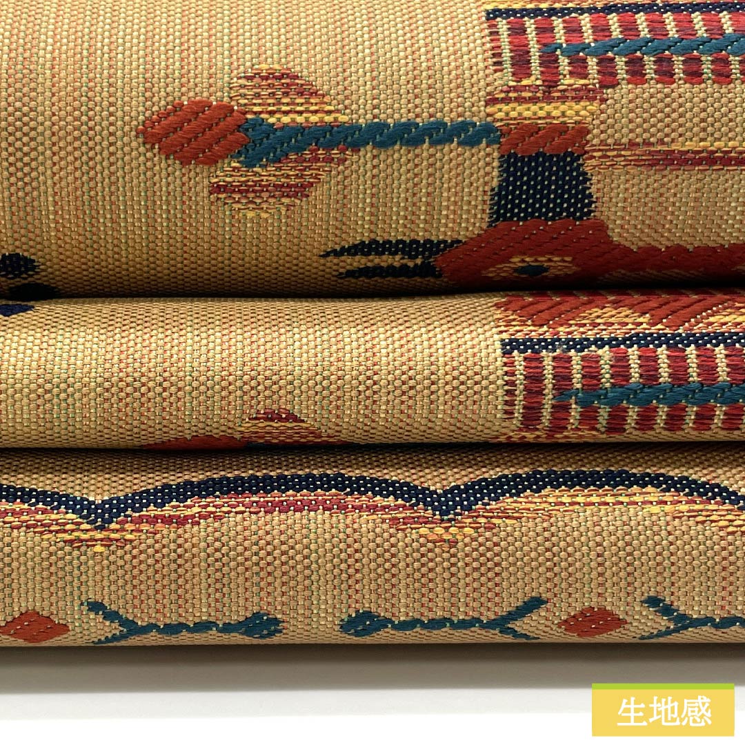 袋帯 正絹 山吹鼠色（やまぶきねずいろ） インカ鳥 花模様 帯丈436cm Sランク 六通 カジュアル ベージュ系 1123013072325