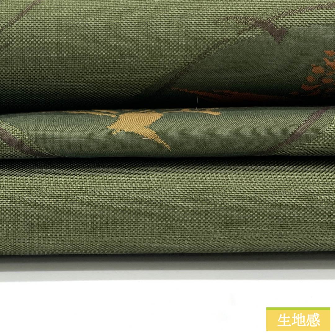 袋帯 正絹 老緑色（おいみどりいろ） 木屋太 今河織物 丸に花模様 帯丈432cm Sランク 六通 カジュアル 緑系 1123012372319