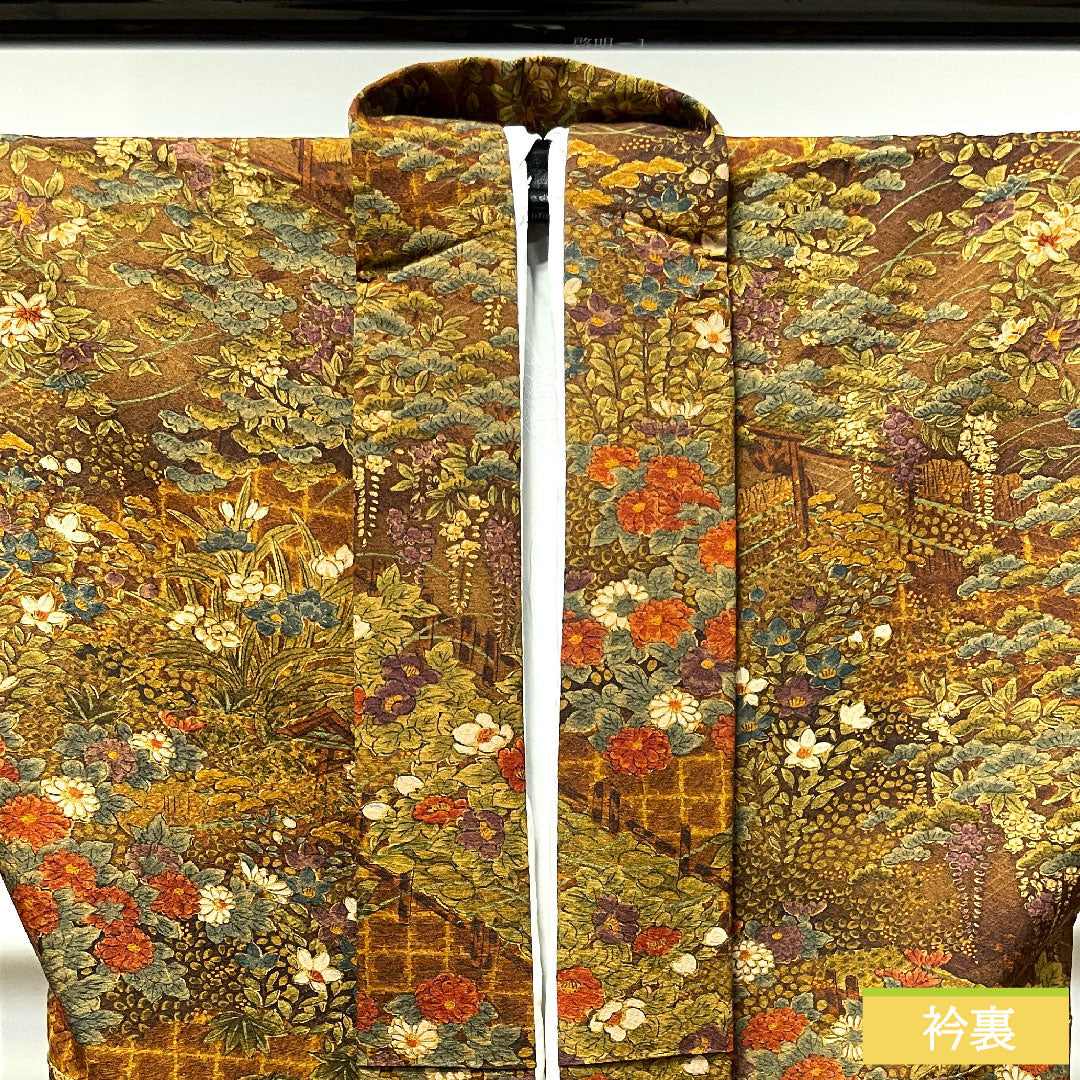 Komon, pure silk, length 140cm, sleeve length 60.5cm, lined, dark brown, floral pattern, basting thread included, unused, S rank, brown, 1115003732114