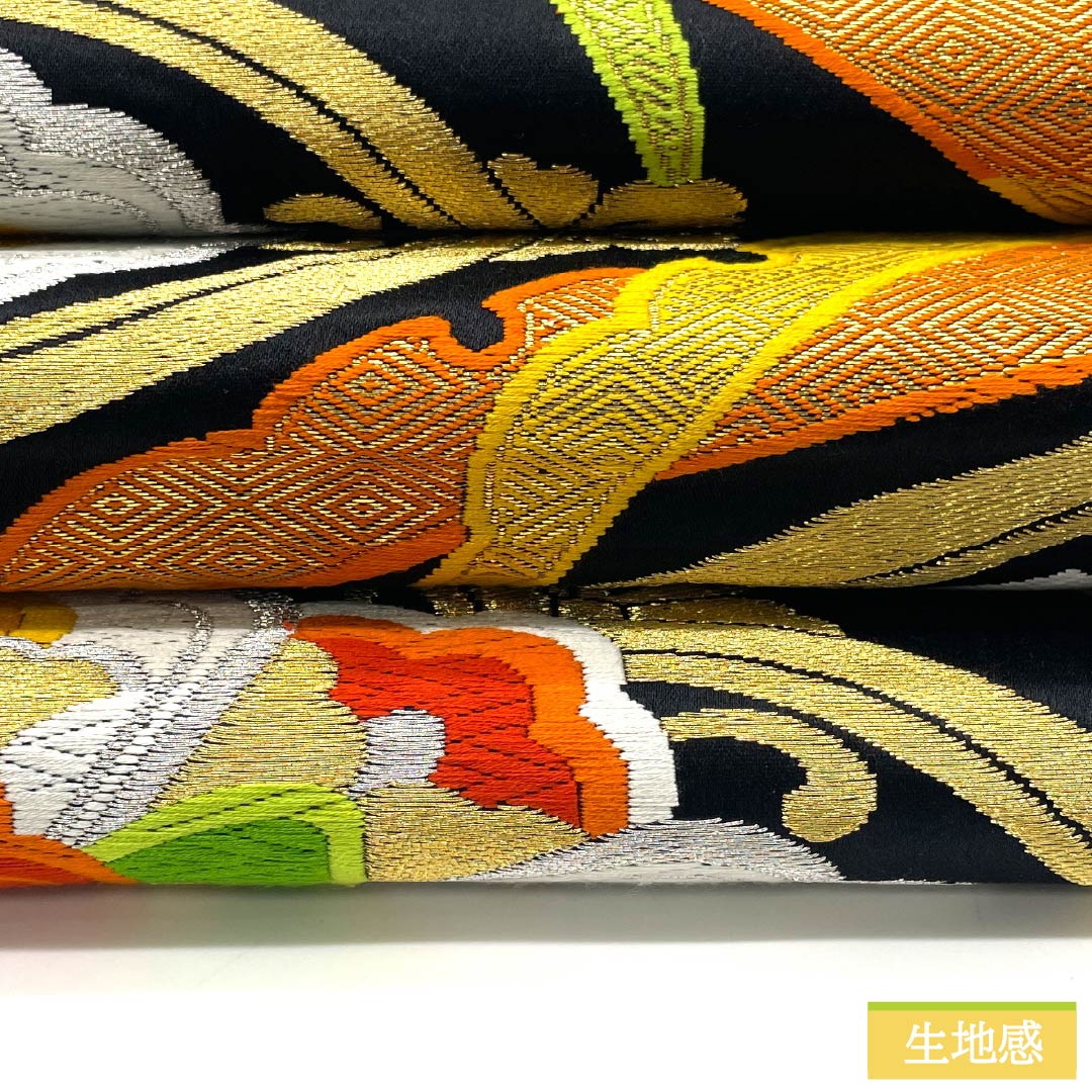 袋帯 正絹 振袖用 宝相華 帯丈408cm Sランク 六通 フォーマル 黒系 1123013532310