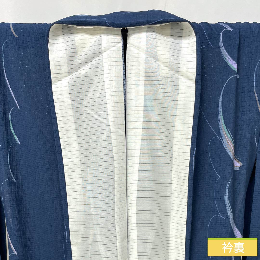 夏物 ポリエステル 小紋 身丈168cm 裄丈66cm 紺鉄色（こんてついろ） 抽象模様 洗える着物 絽 Aランク 紺系 1132002643518