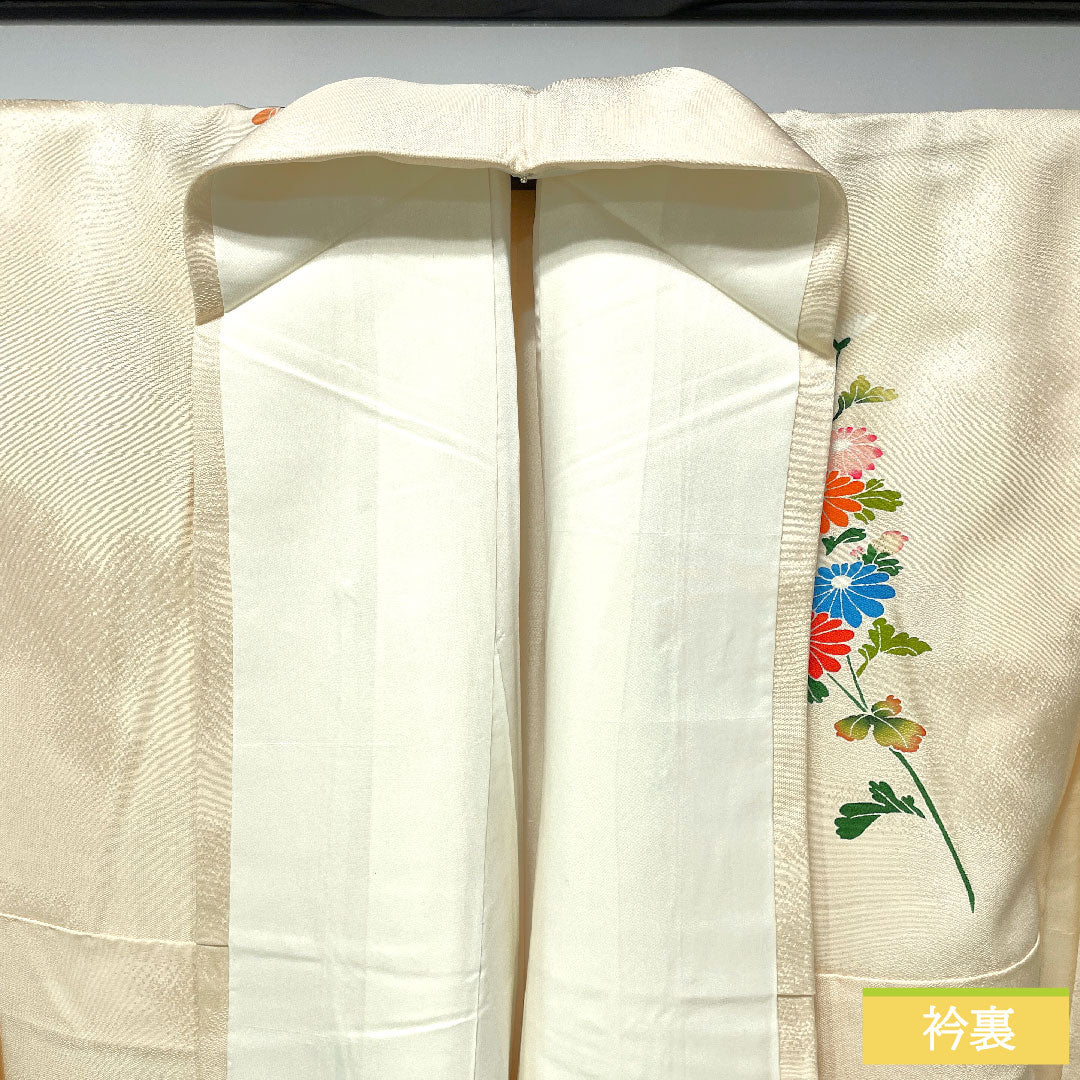 訪問着 正絹 袷 身丈160cm 裄丈63.5cm 砥粉色（とのこいろ） 京友禅 草花模様 Aランク クリーム系 1112004803415