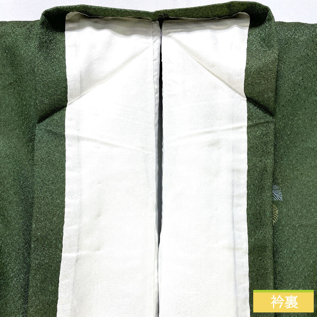 訪問着 ポリエステル 袷 身丈165cm 裄丈63cm 藍海松茶色（あいるみちゃいろ） 洗える着物 松葉 Aランク 緑系 1112005843519