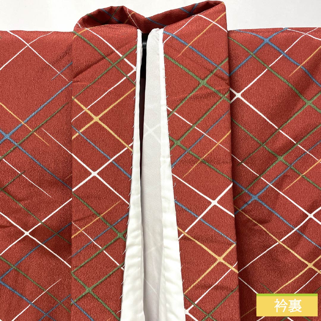 小紋 ポリエステル Aランク 身丈160.5cm 裄丈67.5cm 袷 紅絹色（もみいろ） 斜め格子 洗える着物 赤系 1115007473412