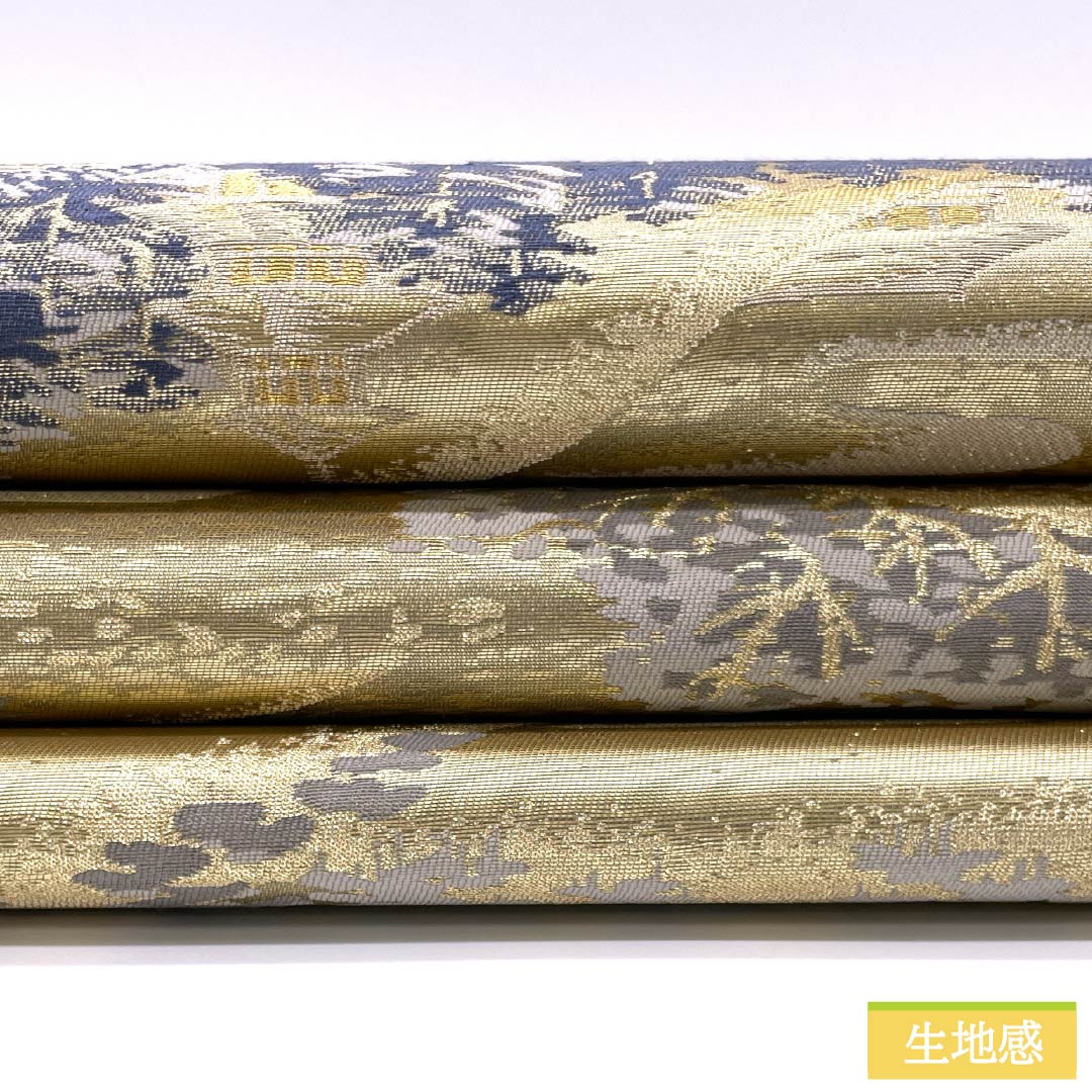 Formal, pure silk obi for formal kimono (tomesode) with a motif of the famous Ryoanji Temple in Kyoto, length 426cm, S rank, six-fold hem, gold finish, product number 1123014522321