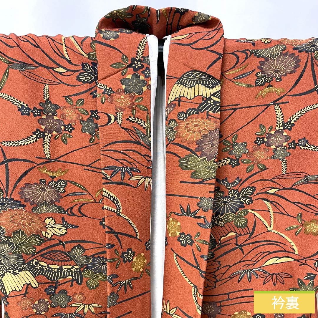 小紋 ポリエステル Sランク 身丈169.5cm 裄丈67cm 袷 緋銅色（ひどうしょく） 型染 草花 しつけ糸付き 洗える着物 茶系 1115007112514