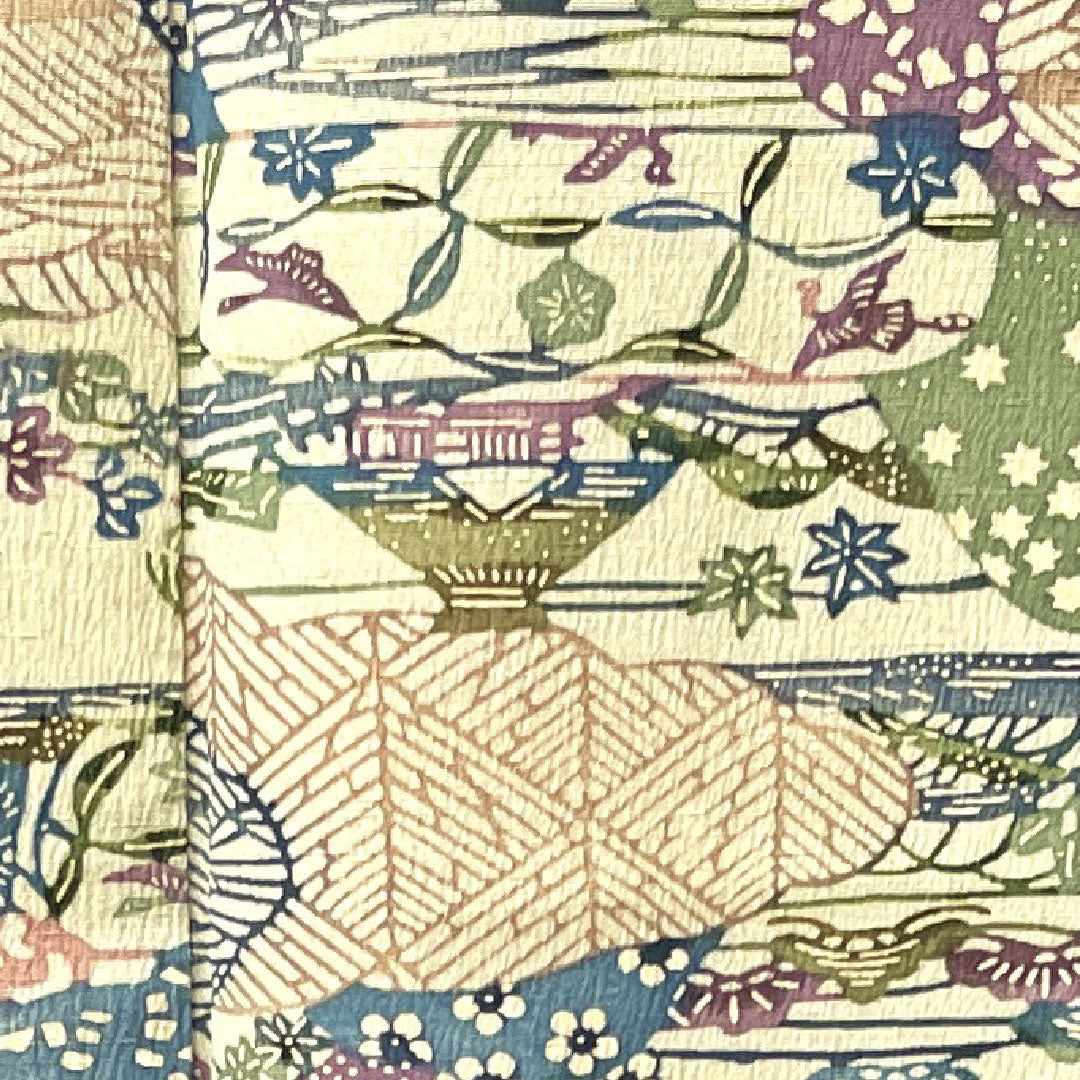 小紋 身丈154.5cm 裄丈61.5cm 袷  砥粉色 紅型 風景模様 正絹 Aランク クリーム系 1115003083215