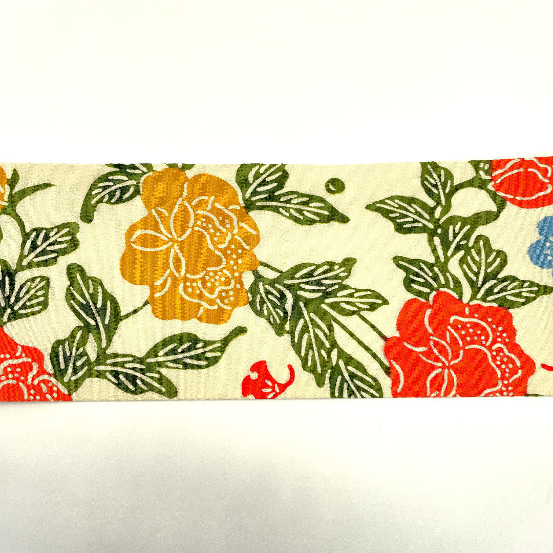 名古屋帯 型染 染め帯 花鳥模様 帯丈378cm 正絹 Aランク 全通 カジュアル クリーム系 1124002033315