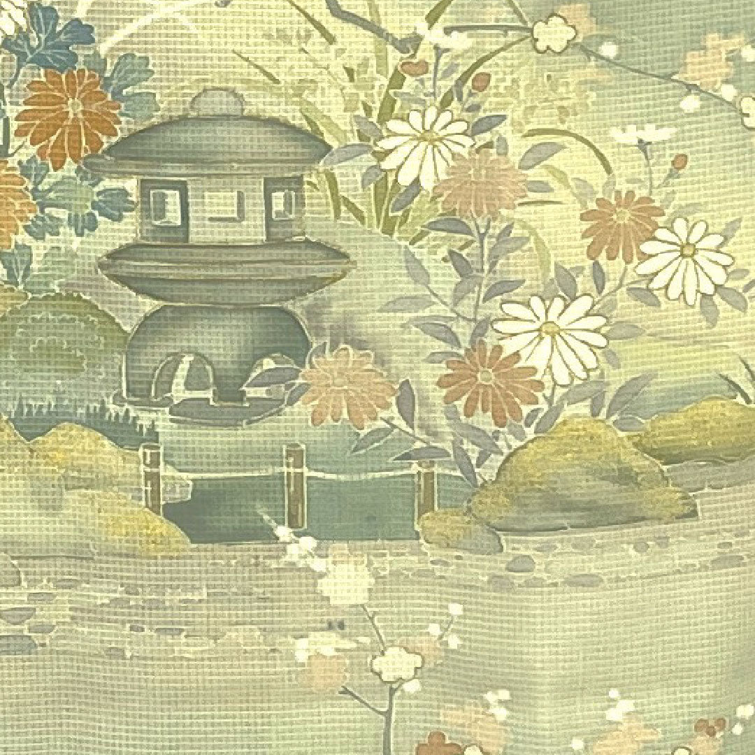 色留袖 身丈156.5cm 裄丈64cm 紗 庭園風景 作家物 正絹 Aランク 一つ紋 緑系 1111000153319