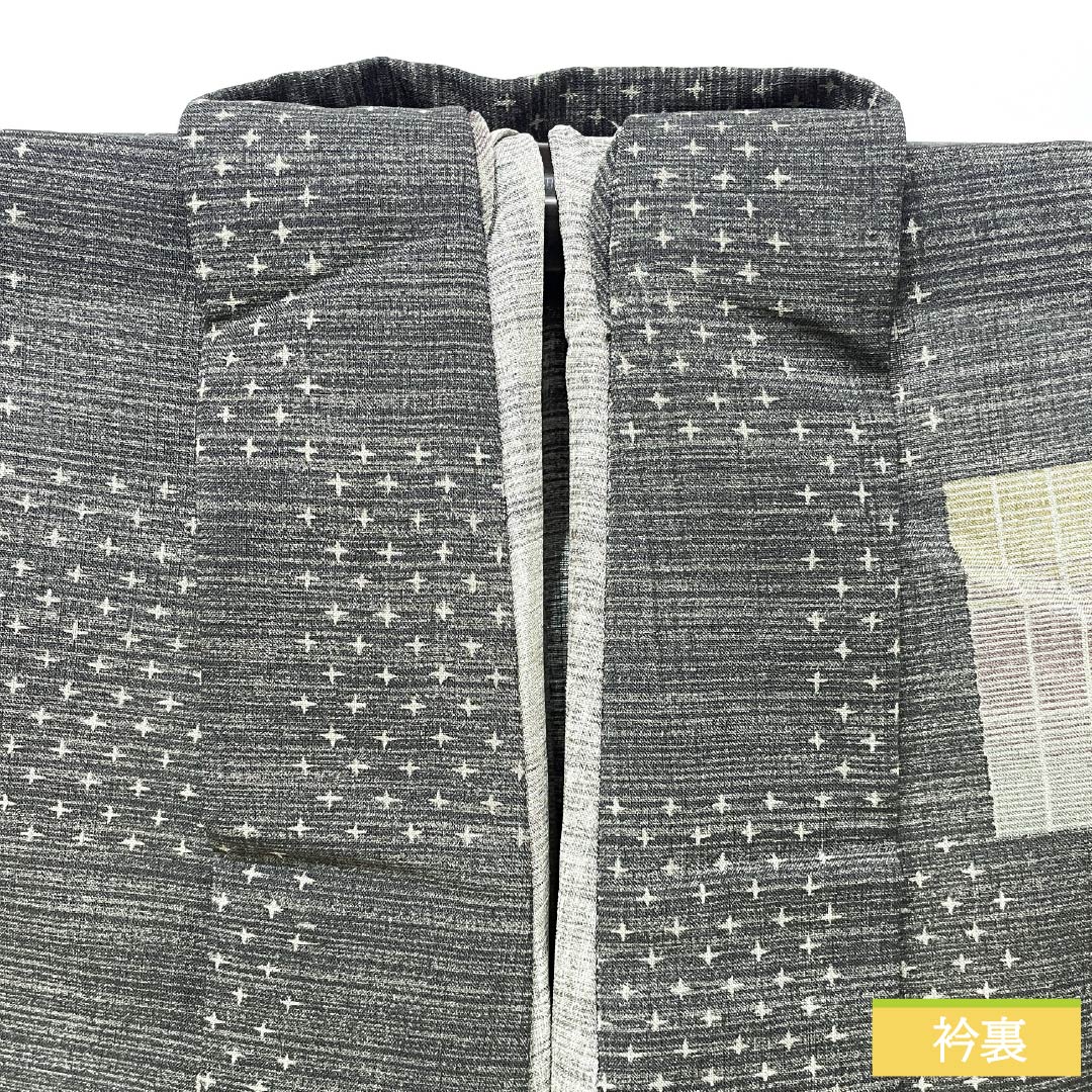 夏物 ポリエステル 小紋 身丈164.5cm 裄丈66cm 市松模様 十字絣 洗える着物 紗 Sランク 黒系 1132002322410