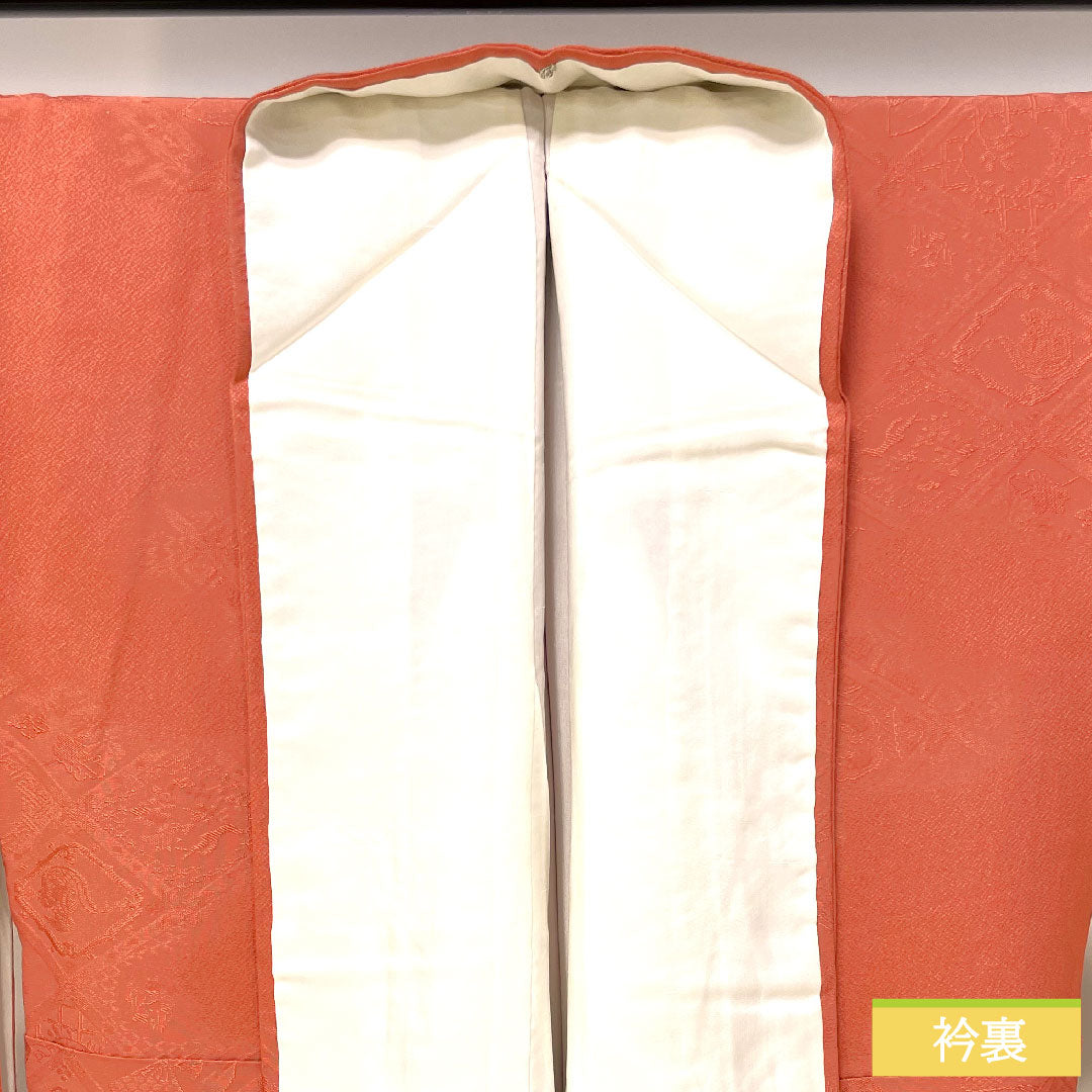 色無地 正絹 身丈160cm 裄丈66cm 中紅色（なかべにいろ） 一つ紋 中陰桔梗 袷 Aランク 朱系 1114001343416