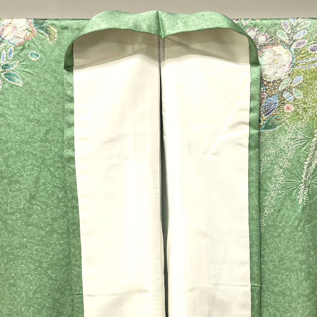 Homongi, lined, length 157.5cm, sleeve length 63cm, wasabi color, with basting thread, unused, Kyo-Yuzen, Tsujigahana, pure silk, S rank, green, 1112002702319