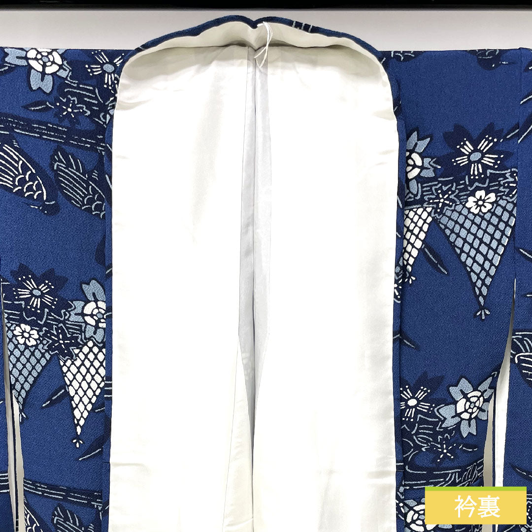 小紋 正絹 身丈158.5cm 裄丈65cm 袷 紺桔梗色（こんききょういろ） 京紅型 白鳥 桜 流水 Sランク 紺系 1115004182318