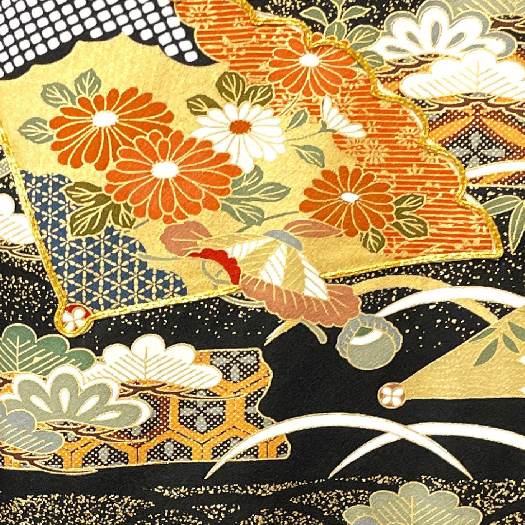 黒留袖 身丈164cm 裄丈62.5cm 袷 京友禅 吉祥文様 丸に三つ巴 正絹 Sランク 五つ紋 黒系 1111000592410