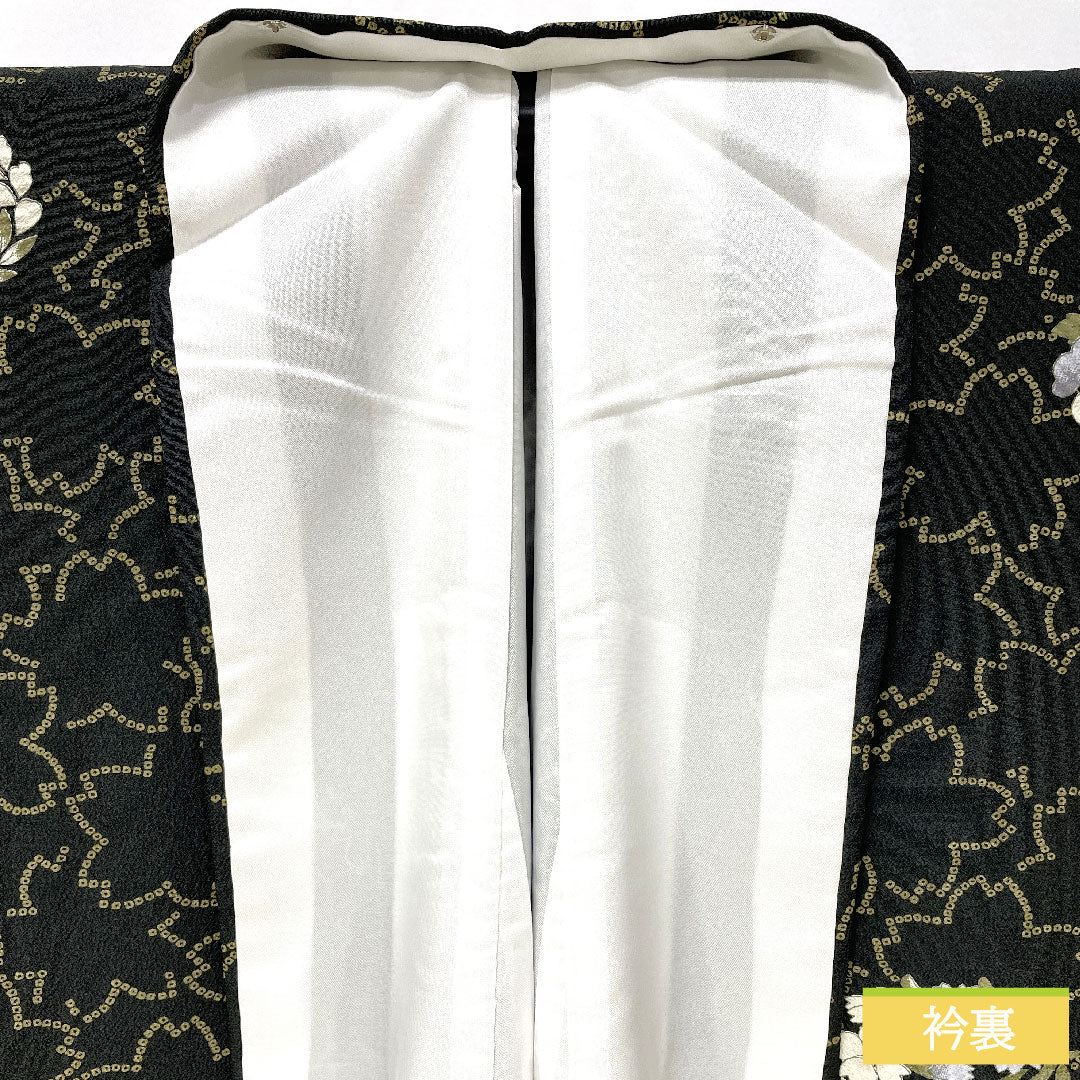 小紋 ポリエステル 身丈166.5cm 裄丈67cm 袷 洗える着物 桜 花模様 Sランク 黒系 1115004952510