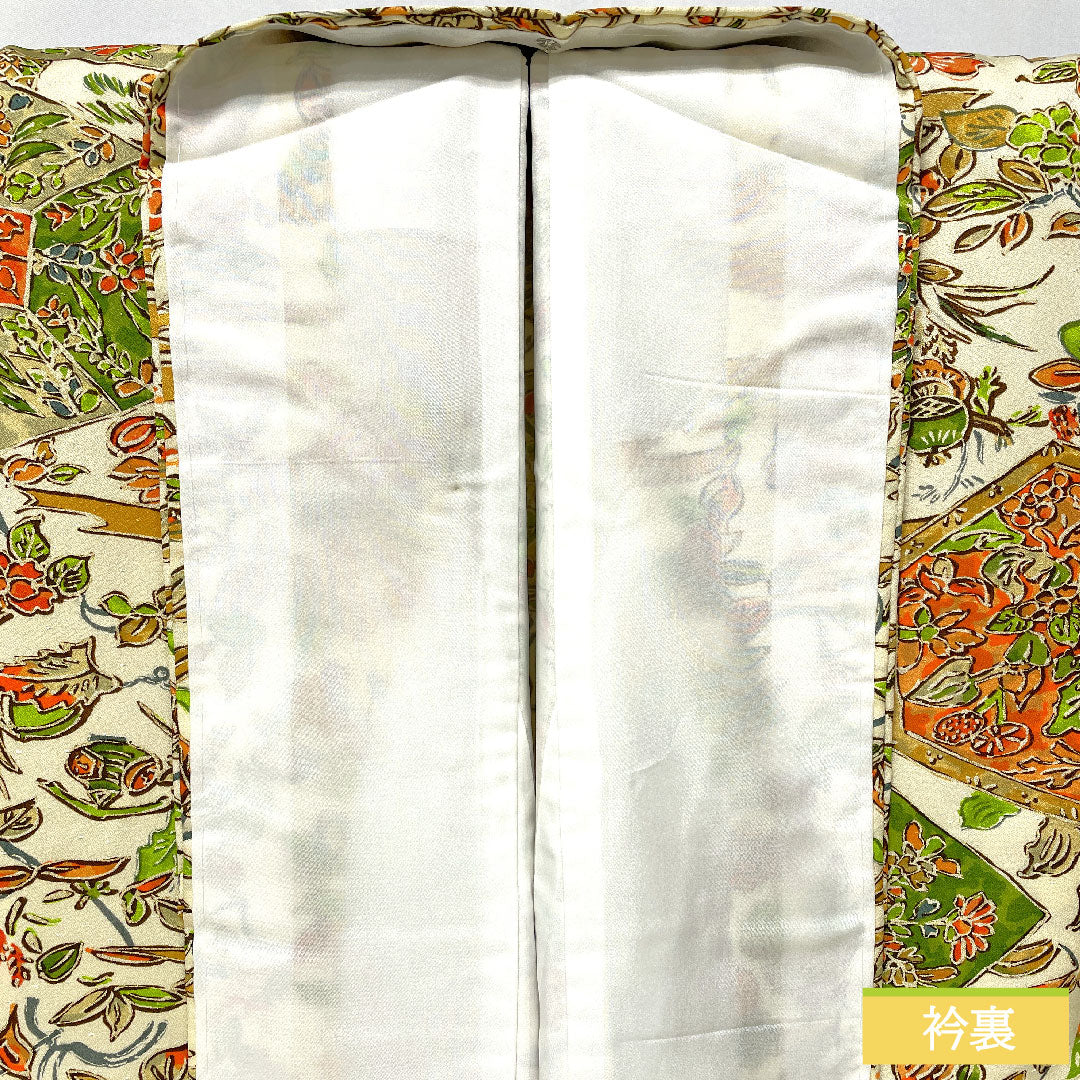 小紋 ポリエステル 身丈156cm 裄丈63cm 袷 乳白色（にゅうはくしょく） 更紗調 洗える着物 Aランク クリーム系 1115004503315