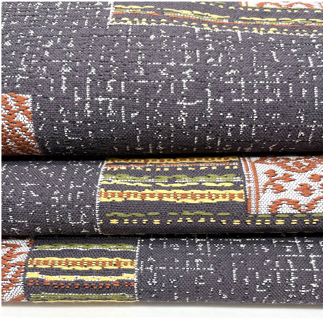 名古屋帯 藤煤竹色 抽象四角模様 帯丈367cm ポリ Sランク 六通 カジュアル グレー系 1124003782322  名古屋仕立て