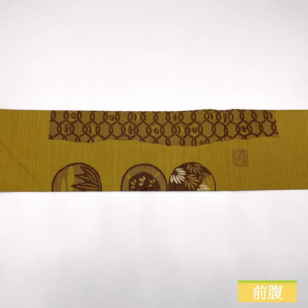 名古屋帯 黄土色（おうどいろ） 丸紋 松 帯丈371cm 正絹 Sランク ポイント柄 カジュアル 黄系 1124008002323 名古屋仕立て