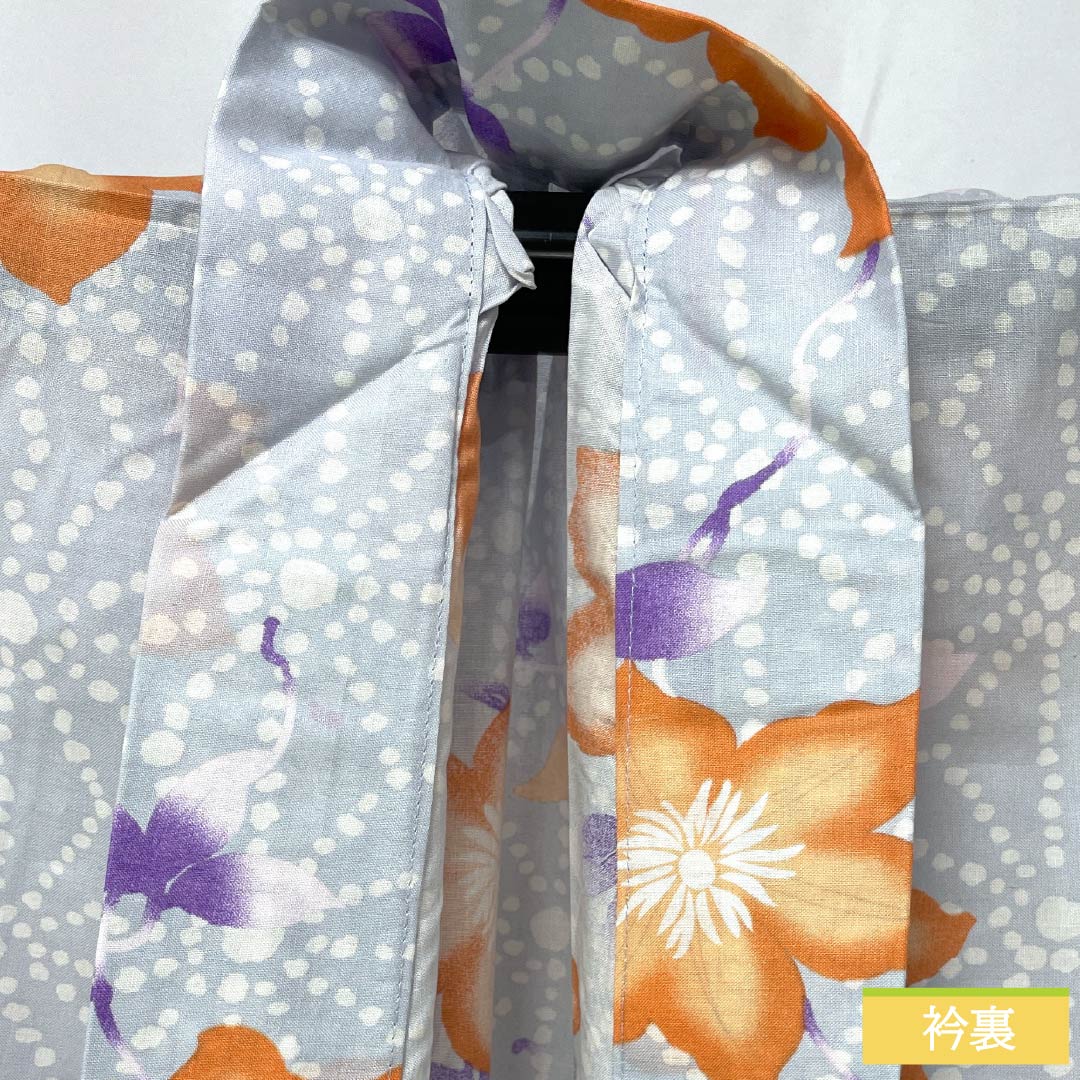 浴衣 木綿 身丈164.5cm 裄丈67.5cm Sランク 単衣 グレー系 白銅色（はくどういろ） 麻の葉 花 1118006522422