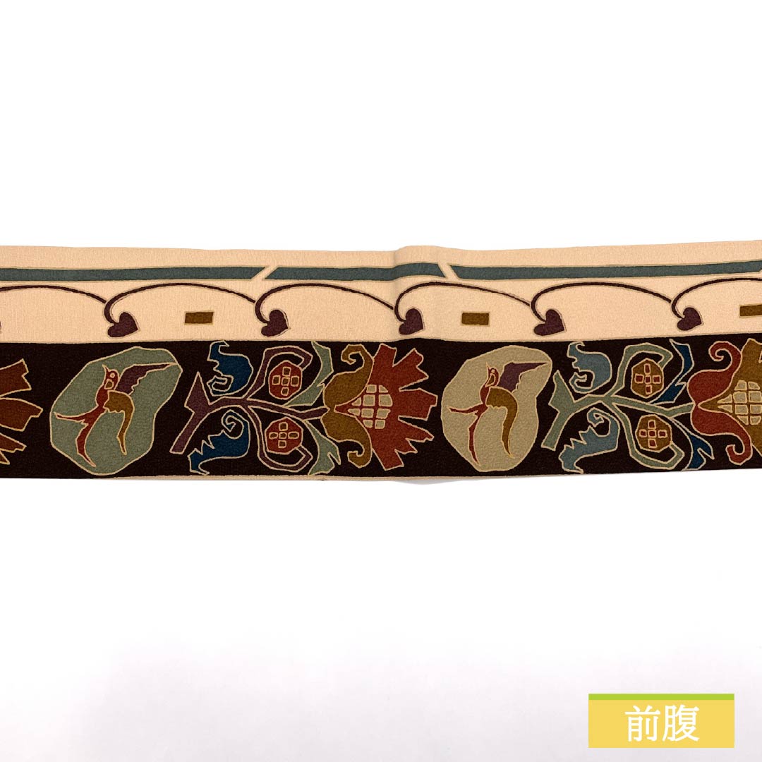 名古屋帯 翁茶色（おきなちゃいろ） 染め帯 鳥 抽象花 帯丈358cm 正絹 Sランク 全通 カジュアル ピンク系 1124008052313 名古屋仕立て