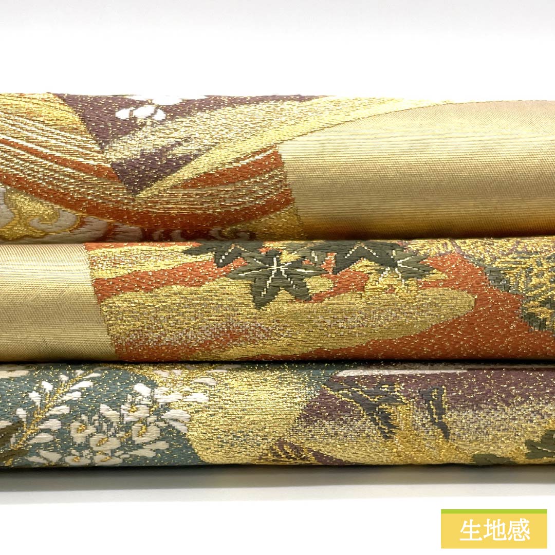 袋帯 正絹 留袖用 松竹梅 桔梗 藤の花 波 帯丈444cm Bランク 六通 フォーマル 金系 1123014124321