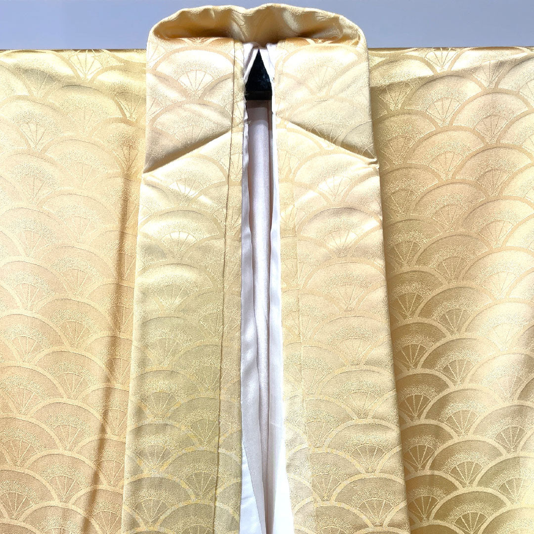 Plain color, pure silk, shishi-iro, Seigaiha pattern, length 157cm, sleeve length 62.5cm, lined, S rank, yellow, 1114000862323