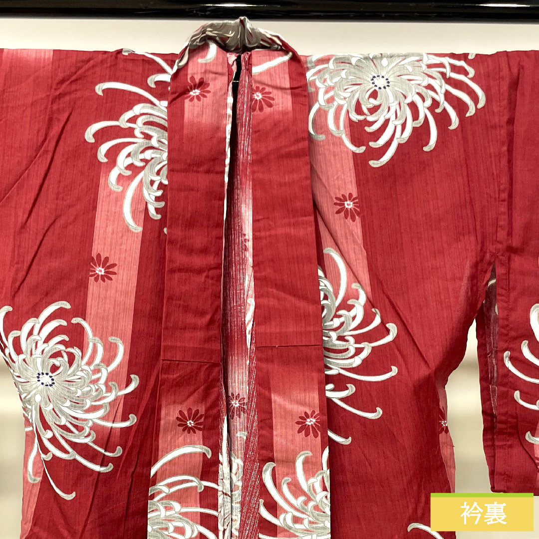 Yukata Cotton Length 163.5cm Sleeve length 69.5cm S rank Single layer Red Crimson Chrysanthemum 1118005132412
