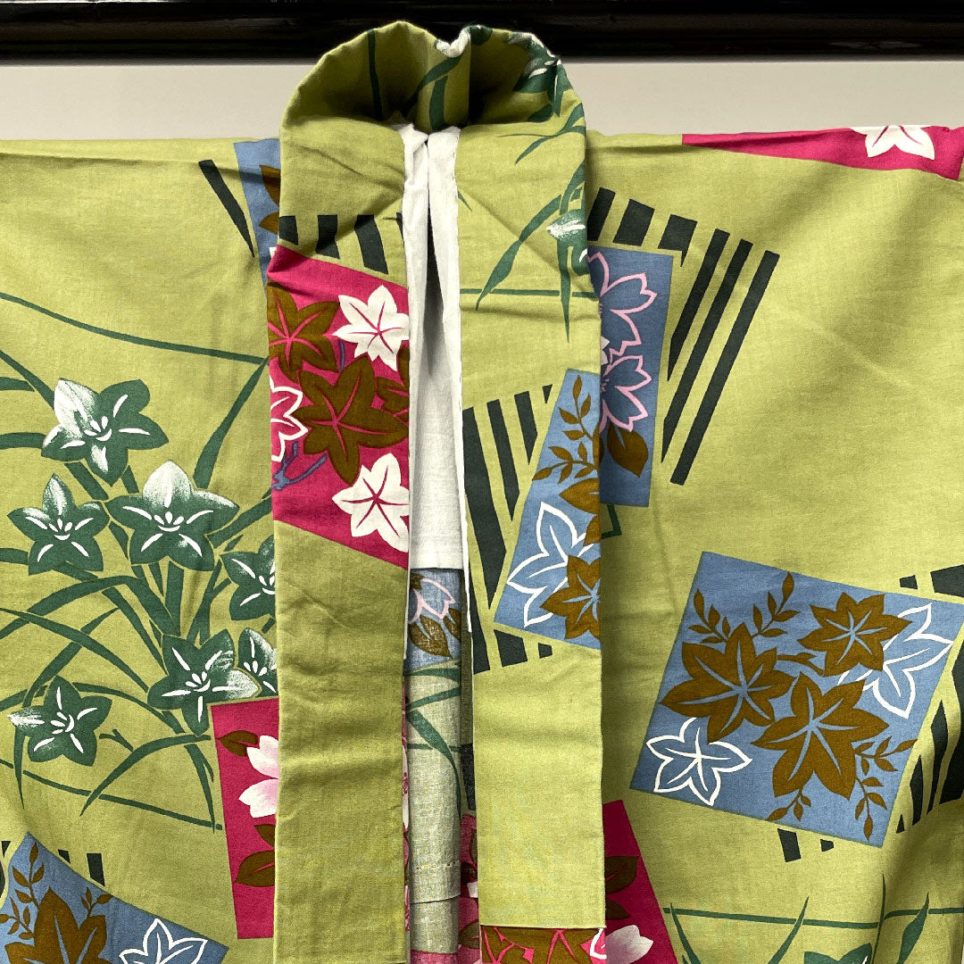 浴衣 浅青朽葉色 桜 紅葉 木綿 Sランク 単衣 身丈163.5cm 裄丈67cm 緑系 1118002262419