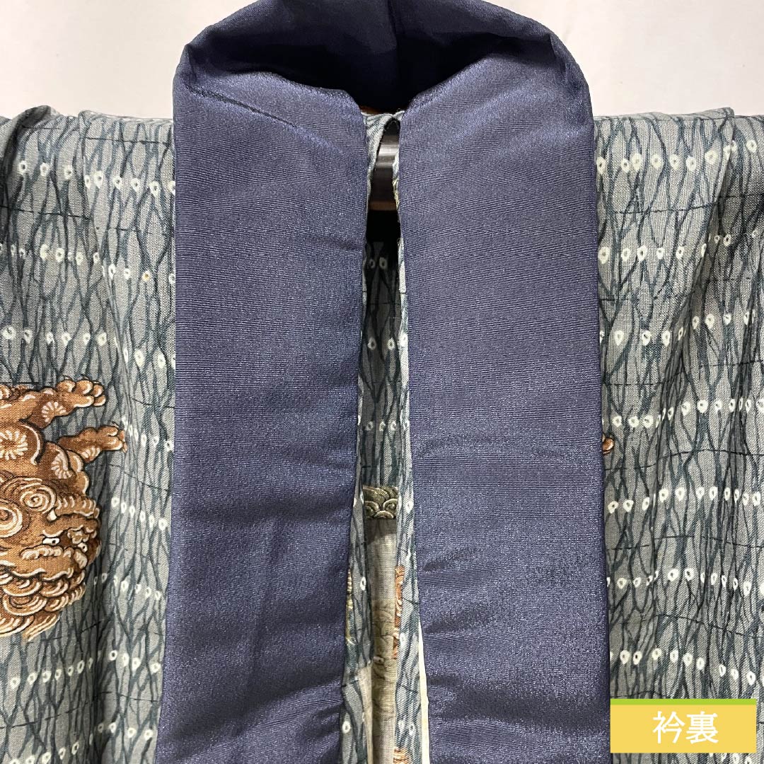 Men's wool nagajuban (long under-kimono), Grade A, length 147cm, sleeve length 68cm, Omeshi-chairo (brown) fabric, lion design, single-layer, green-toned, 1140000653419