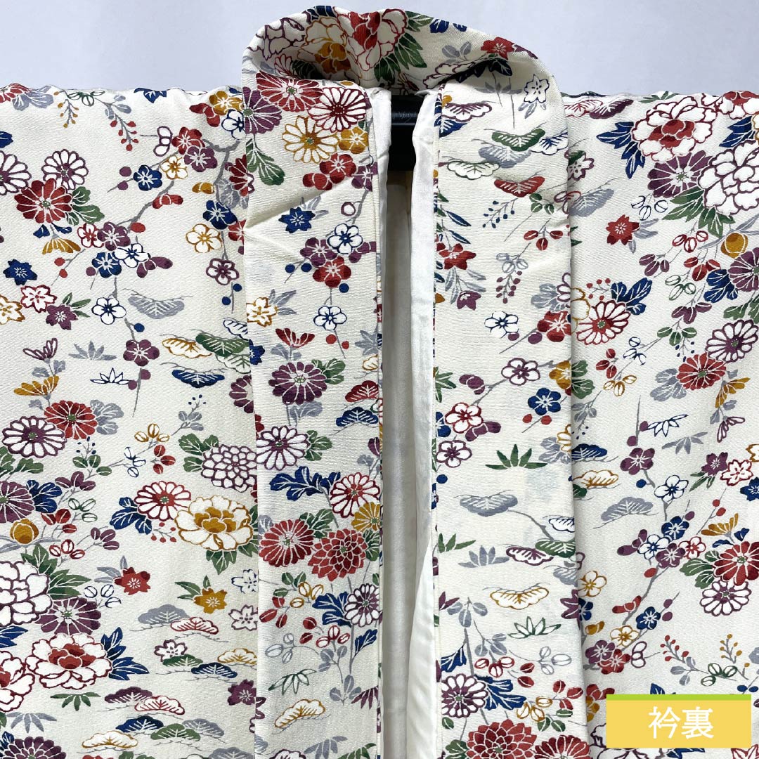 小紋 正絹 Sランク 身丈165.5cm 裄丈65cm 袷 生成り色（きなりいろ） 京友禅 草木 花 白系 1115007052511