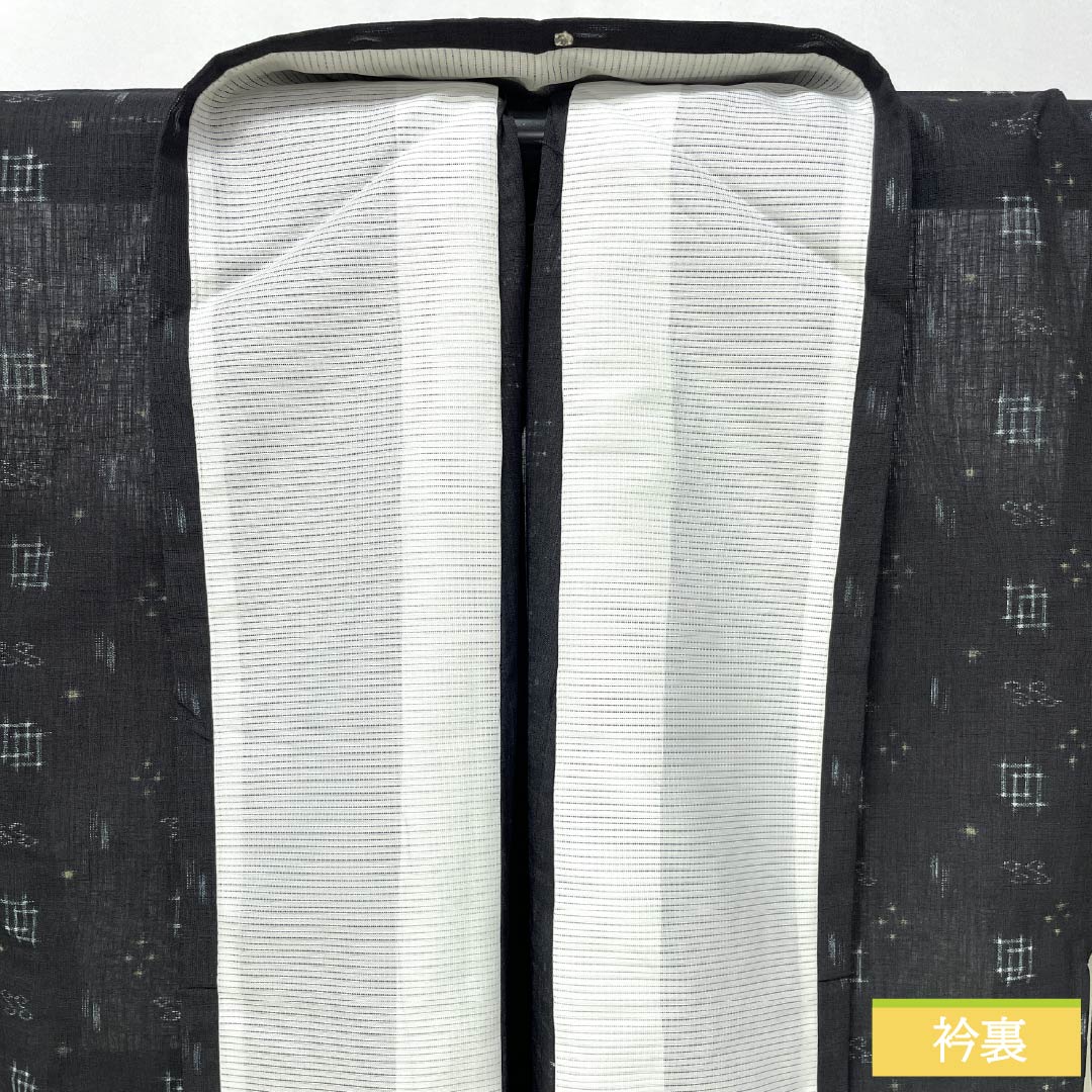 Summer kimono, polyester, small pattern, length 162cm, sleeve length 65cm, Ryukyu Kasuri style, washable kimono, gauze, S rank, black, 1132001952410