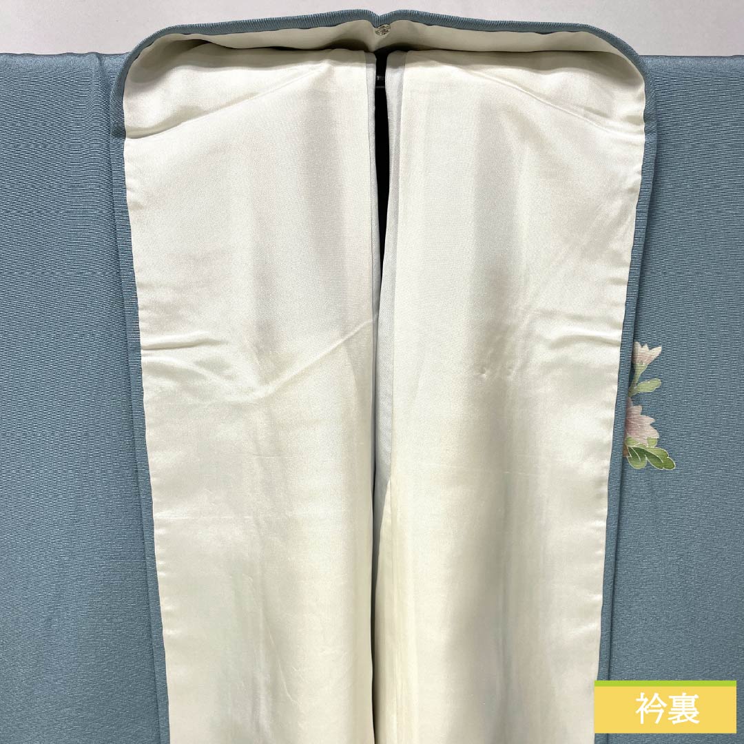 訪問着 正絹 Sランク 袷 身丈155.5cm 裄丈63cm 砧青磁色（きぬたせいじいろ） 加賀友禅 南克治 付下げ 花籠 しつけ糸付き 水色系 1112007312324