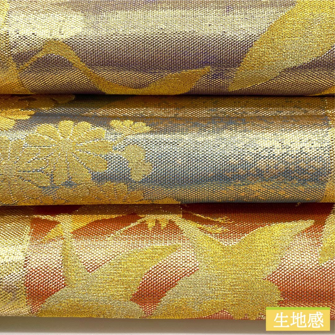 袋帯 金色 鶴 菊 観世流水 瓦 帯丈452cm 正絹 Sランク 六通 フォーマル 金系 1123010302421