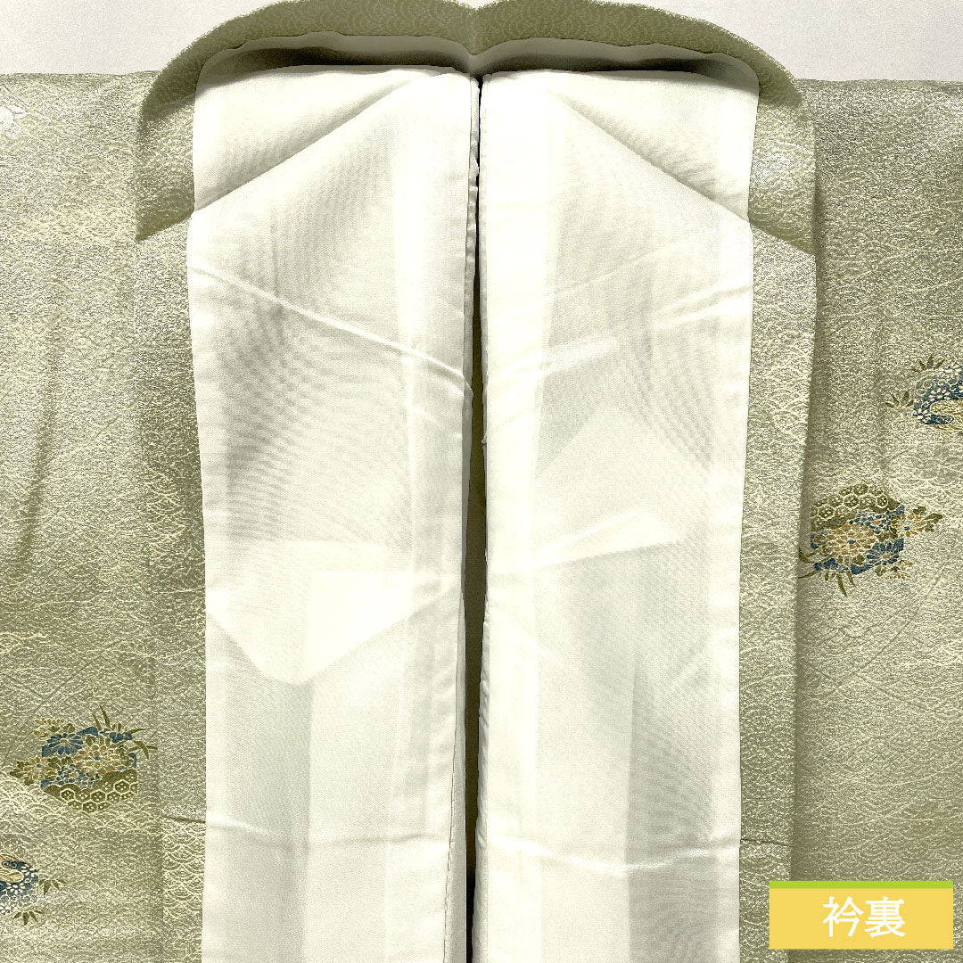 小紋 ポリエステル 身丈157.5cm 裄丈64.5cm 袷 薄緑色（うすみどりいろ） 洗える着物 吉祥文様 しつけ糸付き 未使用品 Sランク 緑系 1115004562319