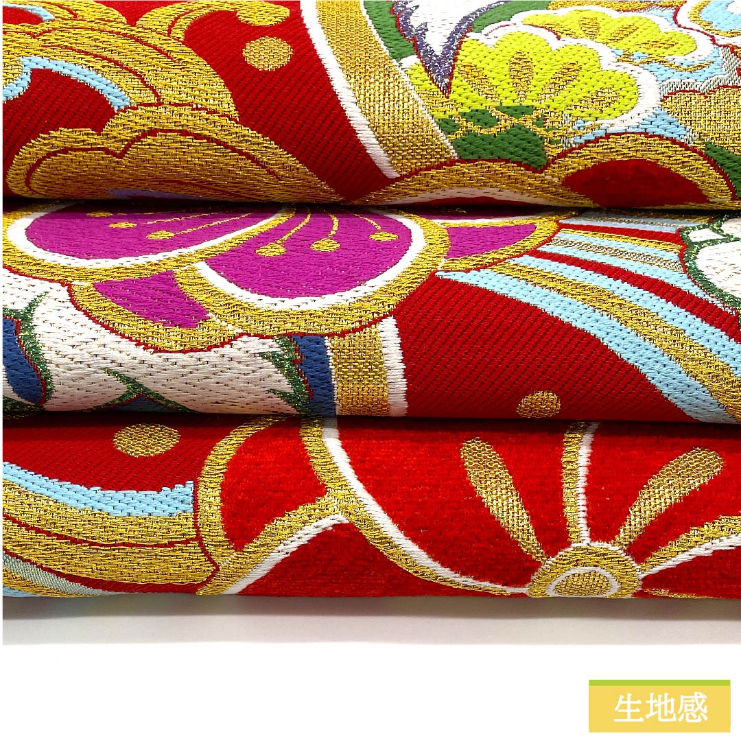 袋帯 正絹 土耳古赤色（とるこあかいろ） 流水 ねじり梅 松竹梅 丸に鶴 帯丈444cm Aランク 六通 フォーマル 赤系 1123011573312