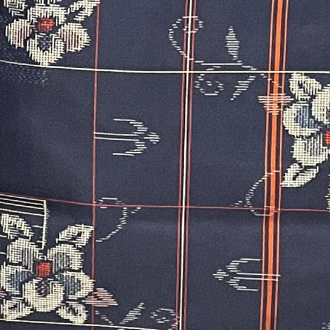 村山大島 身丈160cm 裄丈64.5cm アンサンブル 格子 花模様 正絹 Sランク 袷 紺系 1116001932418