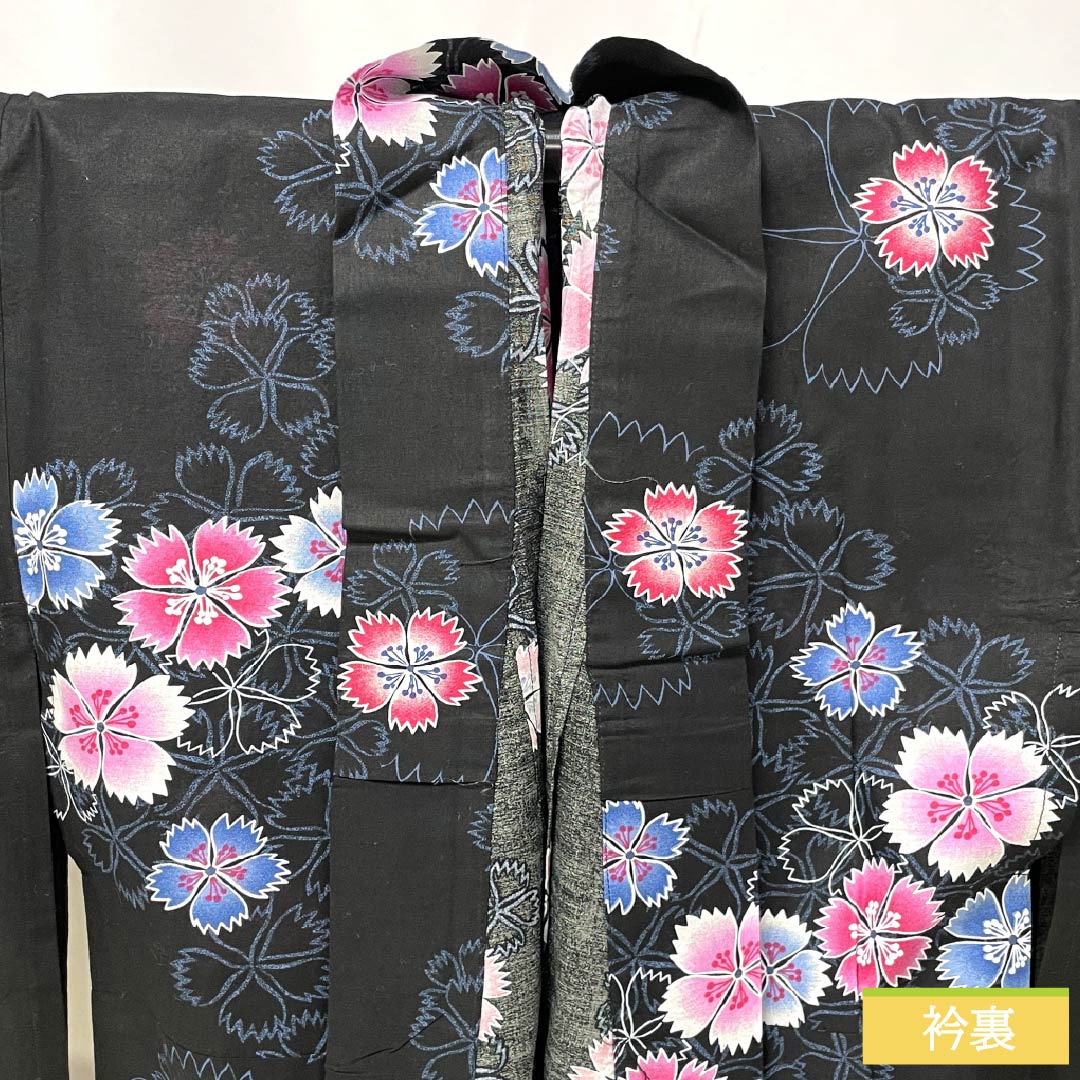 Cotton Yukata, Length 160cm, Sleeve Length 66cm, S Rank, Single Layer, Black, Pink, 1118006142410