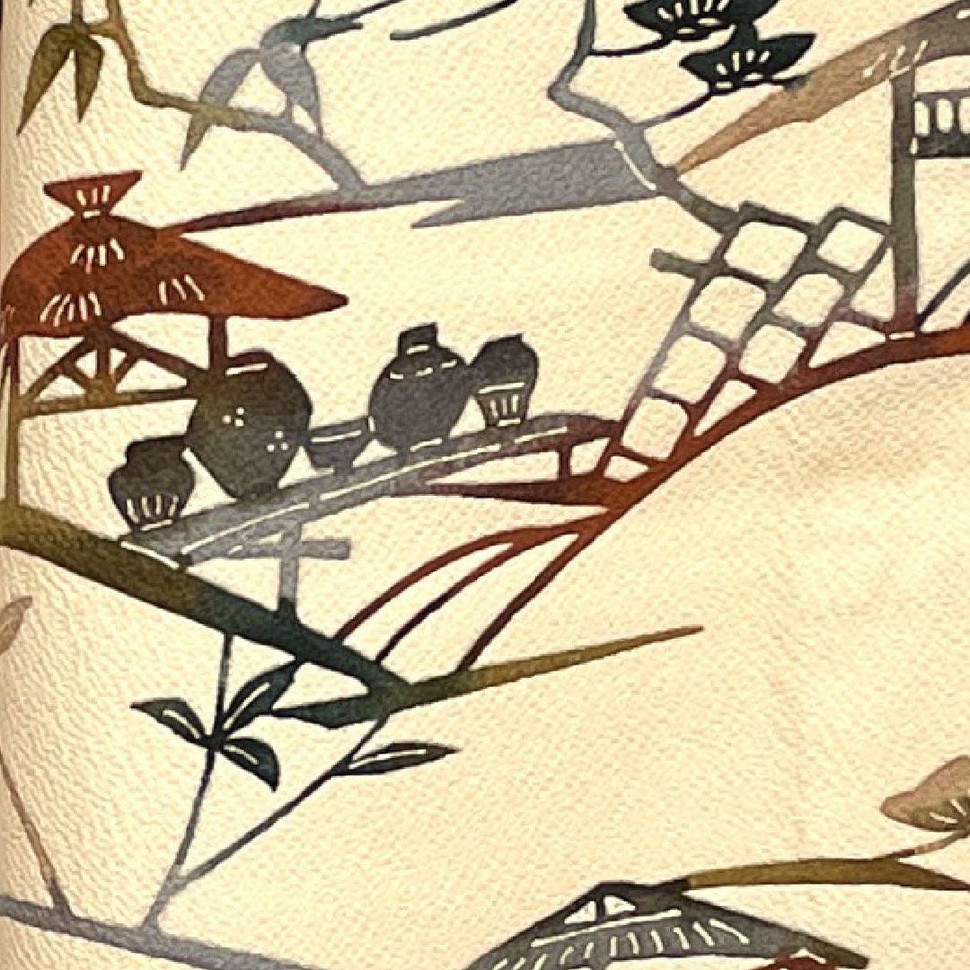 小紋 身丈165.5cm 裄丈66cm 袷  洗柿色 型染 風景模様  正絹 Aランク ピンク系 1115002093513