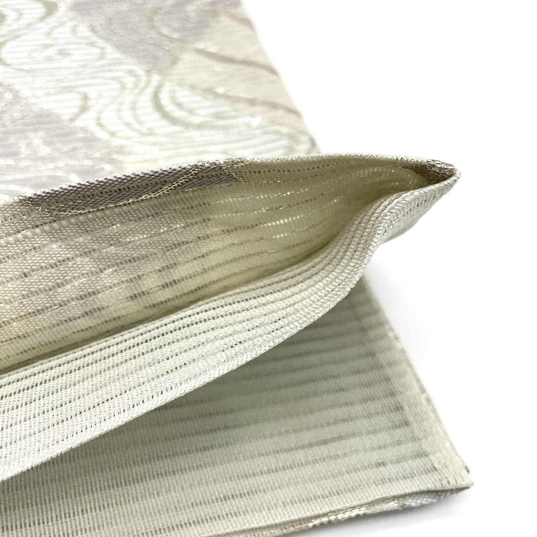 袋帯 絽 夏 流水 草花模様 帯丈441cm 正絹 Sランク 六通 フォーマル 白系 1123004392311