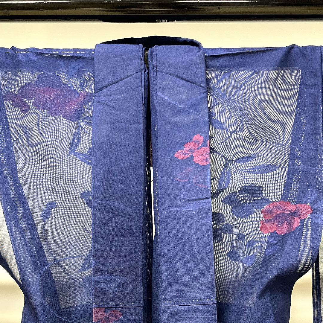 夏物 正絹 小紋 身丈161cm 裄丈64.5cm 濃紺色（のうこんいろ）椿  紗 Sランク 紺系 1132001182418