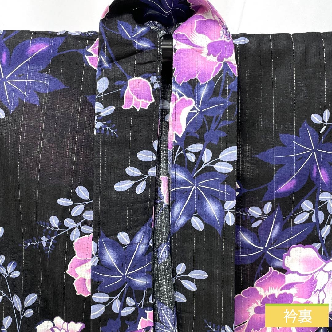 Cotton Yukata, Length 161.5cm, Sleeve Length 65cm, S Rank, Single Layer, Black, Vertical Silk, Floral Design with Silver Thread, Product Number: 1118006662410