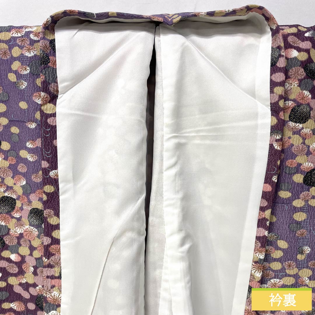 小紋 ポリエステル 身丈161.5cm 裄丈66cm 袷 蒲萄色（えびいろ） 古代紫色（こだいむらさきいろ） 型染 抽象柄 洗える着物 Aランク 紫系 1115005543420