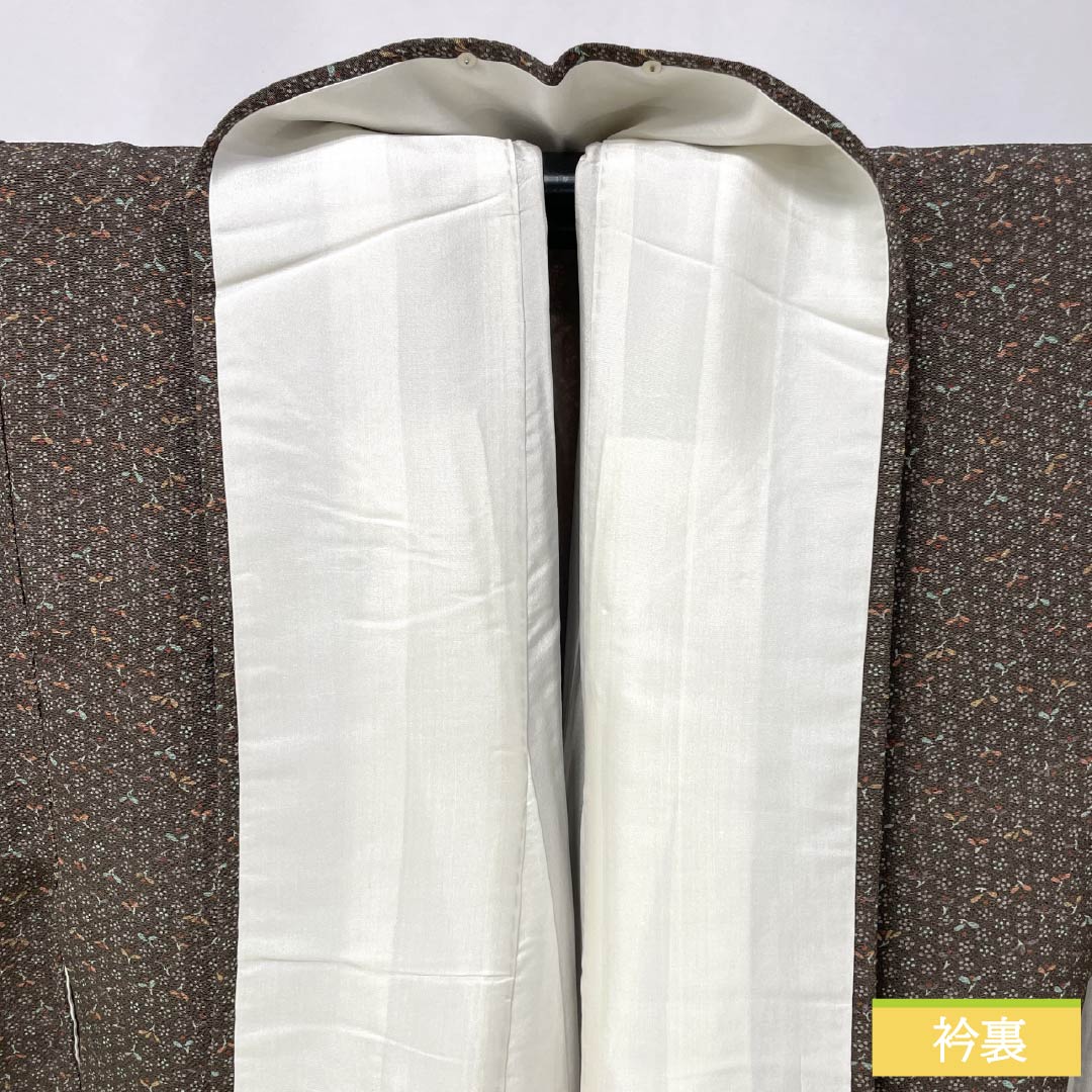 Komon silk kimono, S rank, length 159cm, sleeve length 66cm, lined, chestnut-colored crepe fabric with small flowers and brown accents, product number 1115007412314