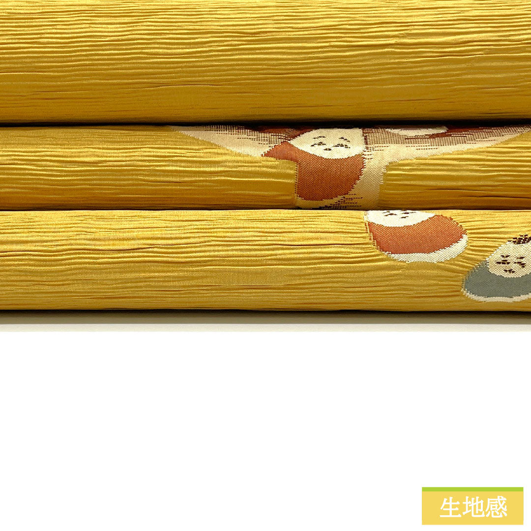 袋帯 正絹 Aランク 土布色（トウプースーいろ） 七転び八起き ダルマ 帯丈436cm ポイント柄 カジュアル 黄系 1123016113323