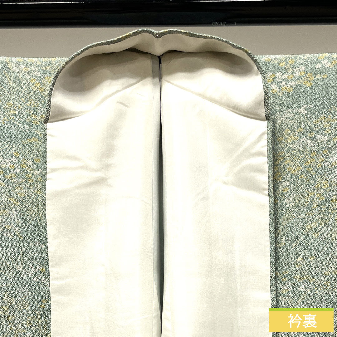 小紋 正絹 身丈158cm 裄丈61.5cm 袷  裏葉色 草花模様 しつけ糸付き 未使用品  Sランク 緑系 1115003612319