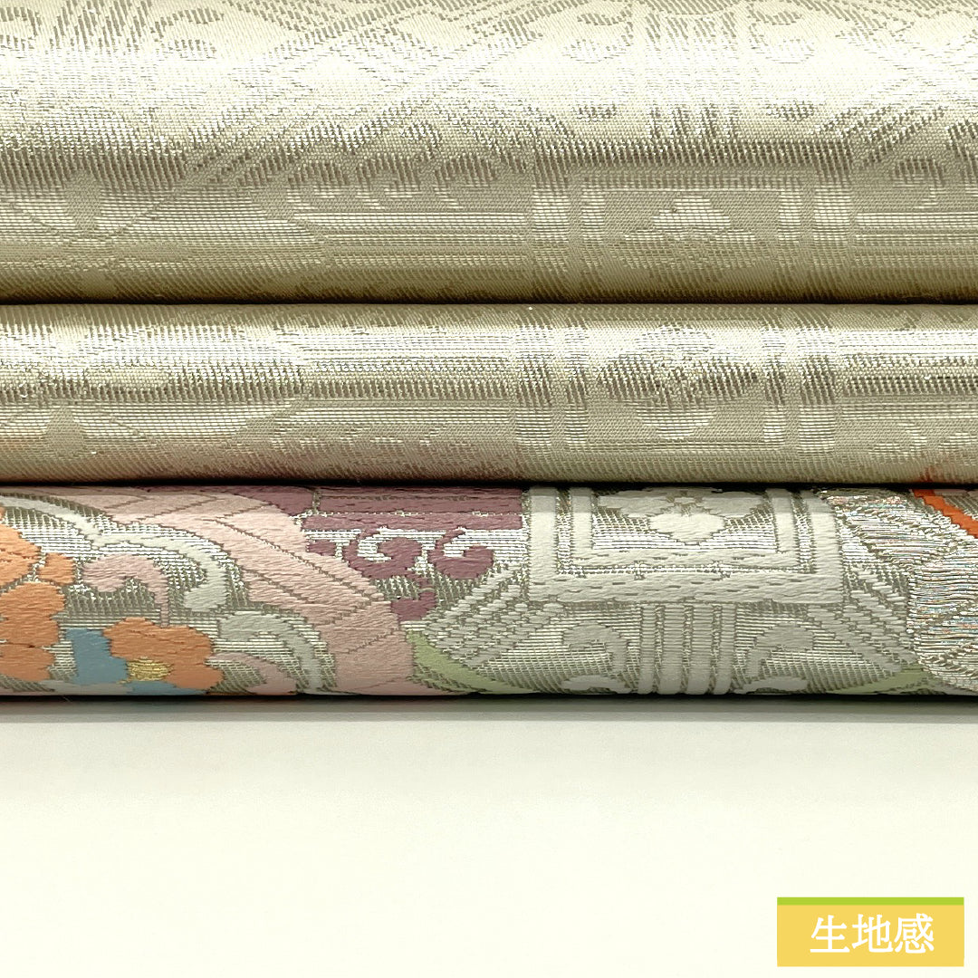 袋帯 正絹 Sランク 吉祥文様 西陣織 帯丈428cm ポイント柄 フォーマル 銀系 1123017332322