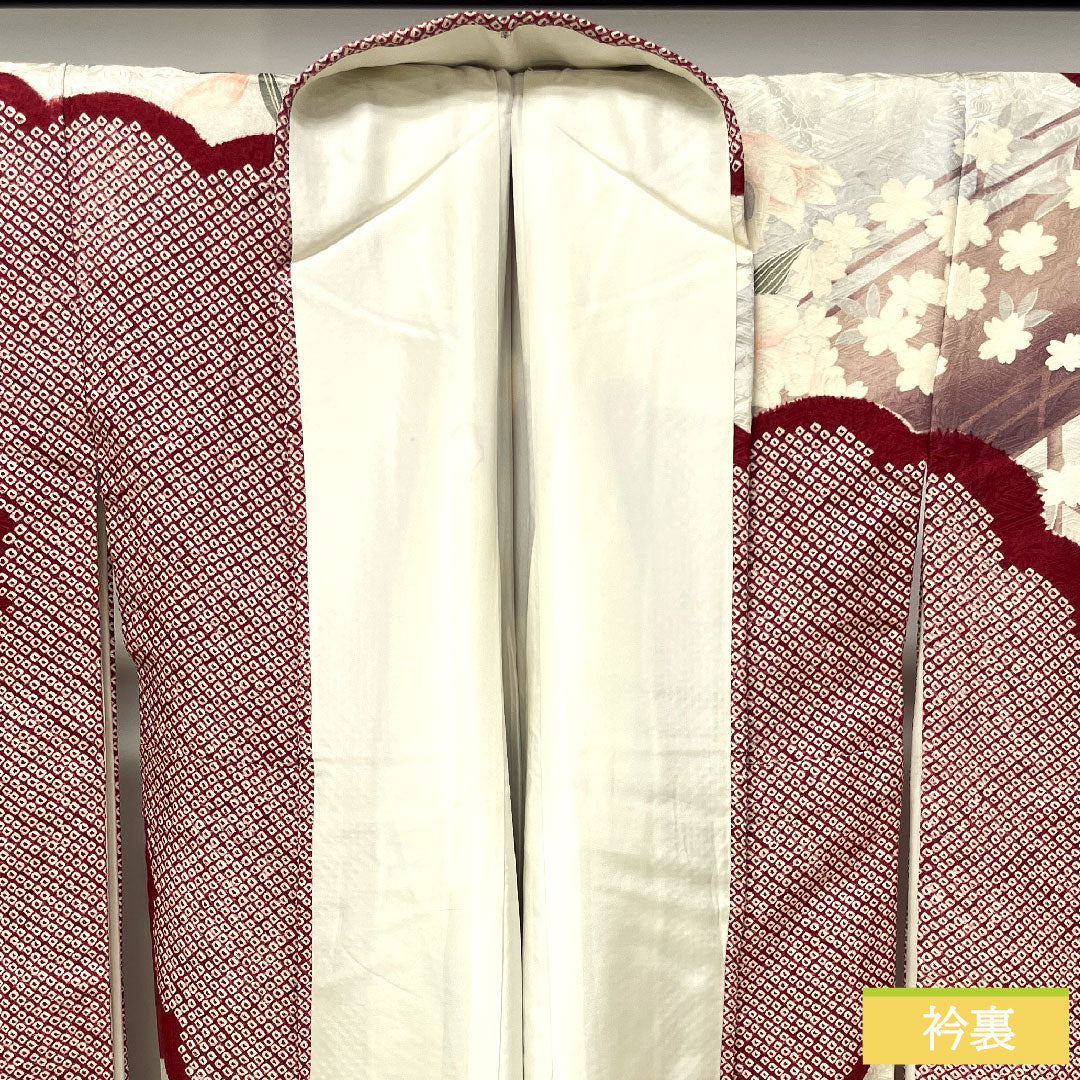 Furisode, pure silk, length 163.5cm, sleeve length 65cm, lined, crimson, Kyo-Yuzen, tie-dye, cherry blossom, rose, S rank, red, 1113001992412